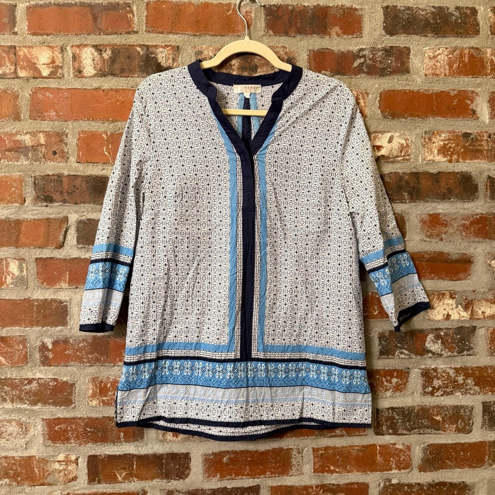 T32 - Kenar Blue and Cream Patterned Top
